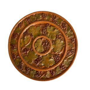 Rare Vintage Pottery Heavy Hot Plate Handmade Grapevine Design Heavy 9" Decor